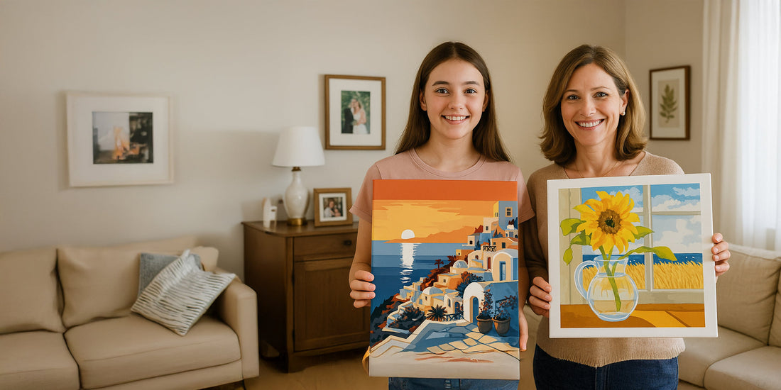 Two woman holding their finished spring paint by numbers.
