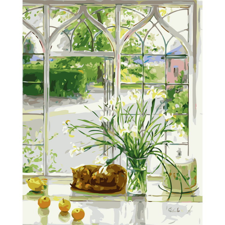 Irises and Sleeping Cat, by Timothy Easton