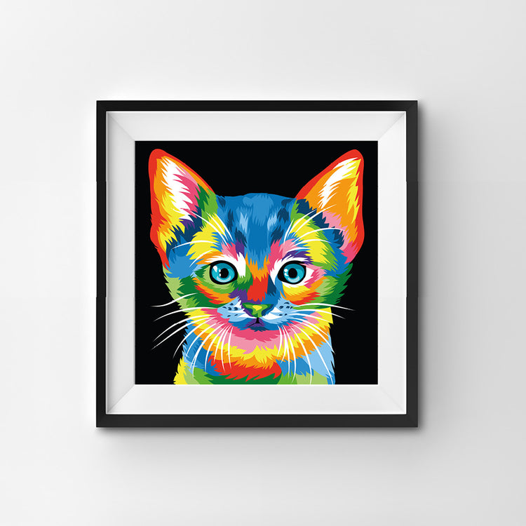 Colorful kitten , easy painting for beginners, with black background.