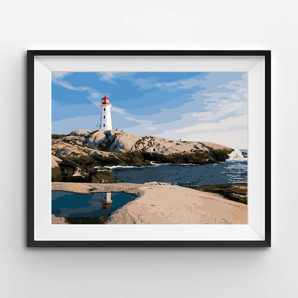 Painting of a white and red lighthouse