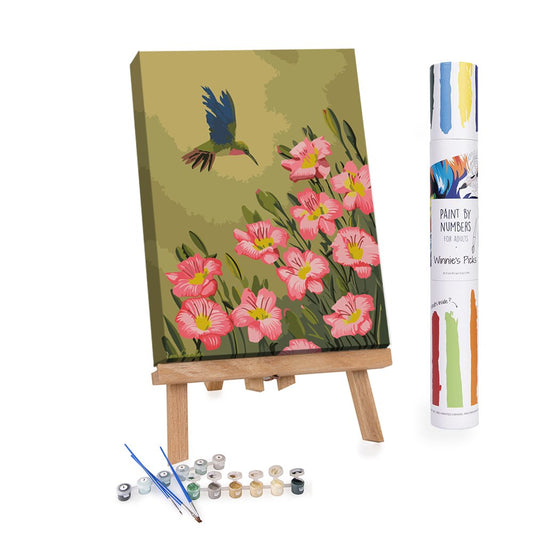 Pink flowers and hummingbird on green background painting