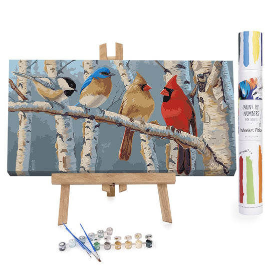 Colorful birds on a branch paint by numbers