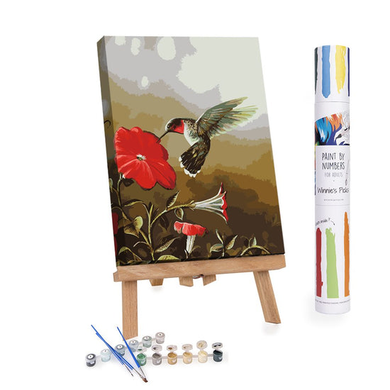 Exotic bird foraging red flower paint by numbers