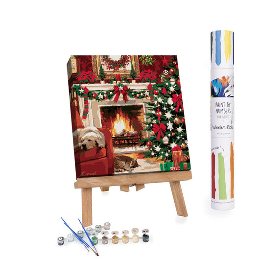 Christmas fireplace with dog and cat paint by numbers