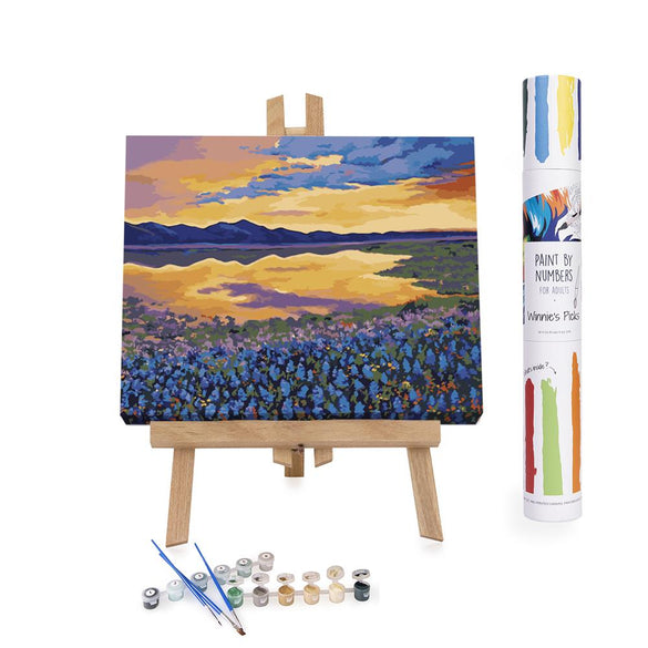Paint by numbers blue flowers field at sunset