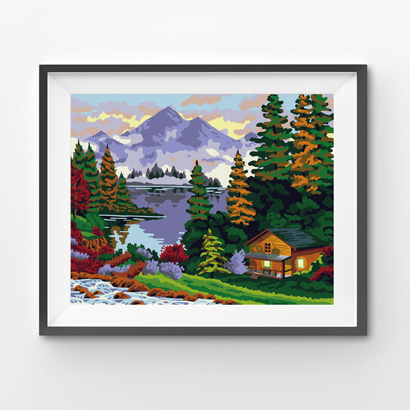 wooden lodge painting kit by the lake