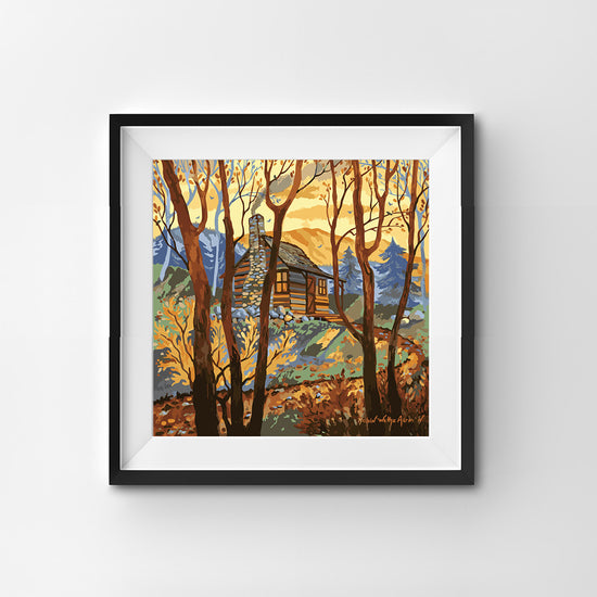 trail to a wooden cabin behind trees paint by numbers