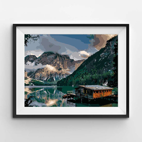 Painting of a lodge in a fjord in the mountains