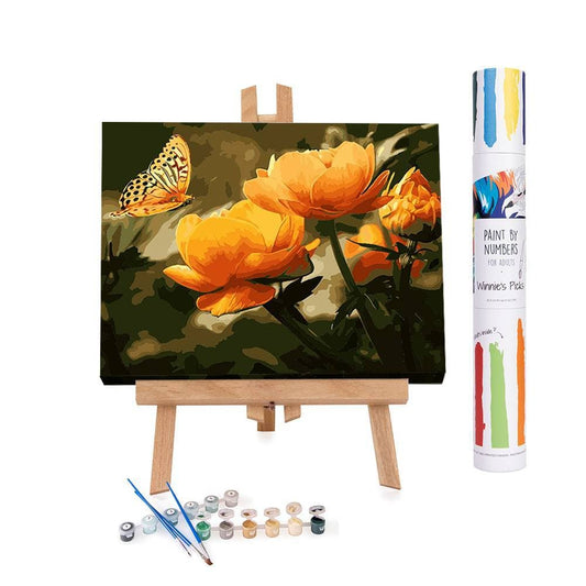 Paint by numbers of a peach butterfly over orange flowers