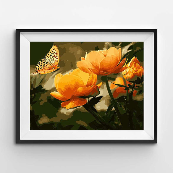 Painting of an orange butterfly on flowers
