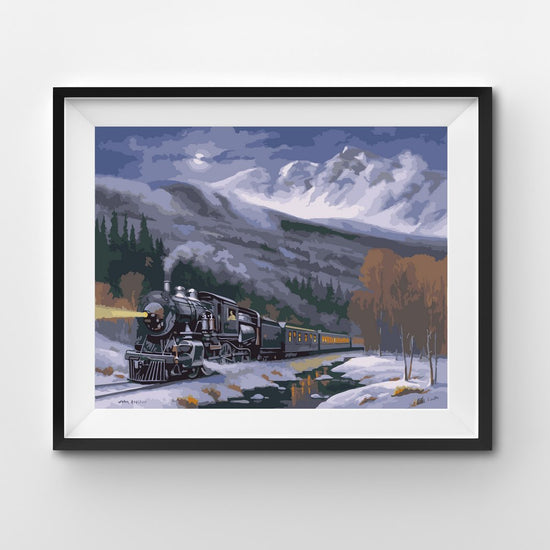 Snow mountains with train at night painting by numbers