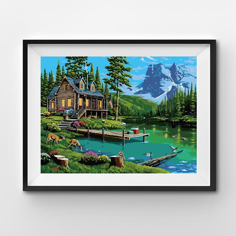 Log cabin at the forest lake painting by numbers