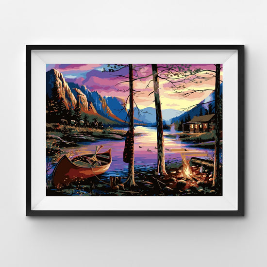 Canoe campfire by the mountain of the lake painting by numbers
