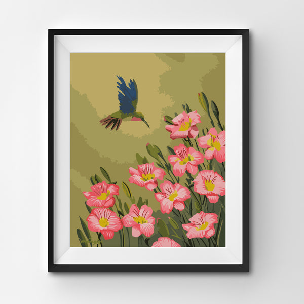 Hummingbird foraging Pink Flowers