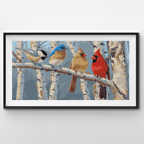 Birds Line Up on Birch Tree