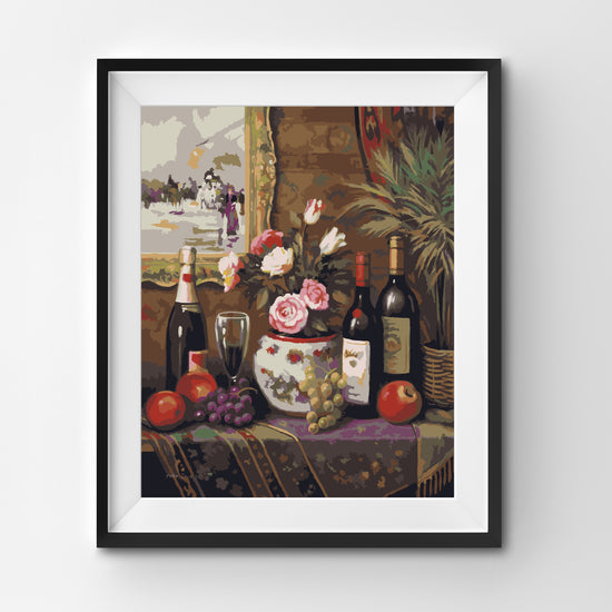 Red wine, flowers, apple and grapes painting by numbers