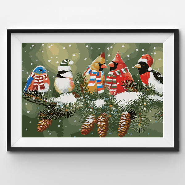Festive and Christmassy Birds on a Snowy Branch