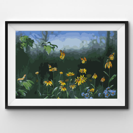 Monarch butterfly flight over flowers painting by numbers