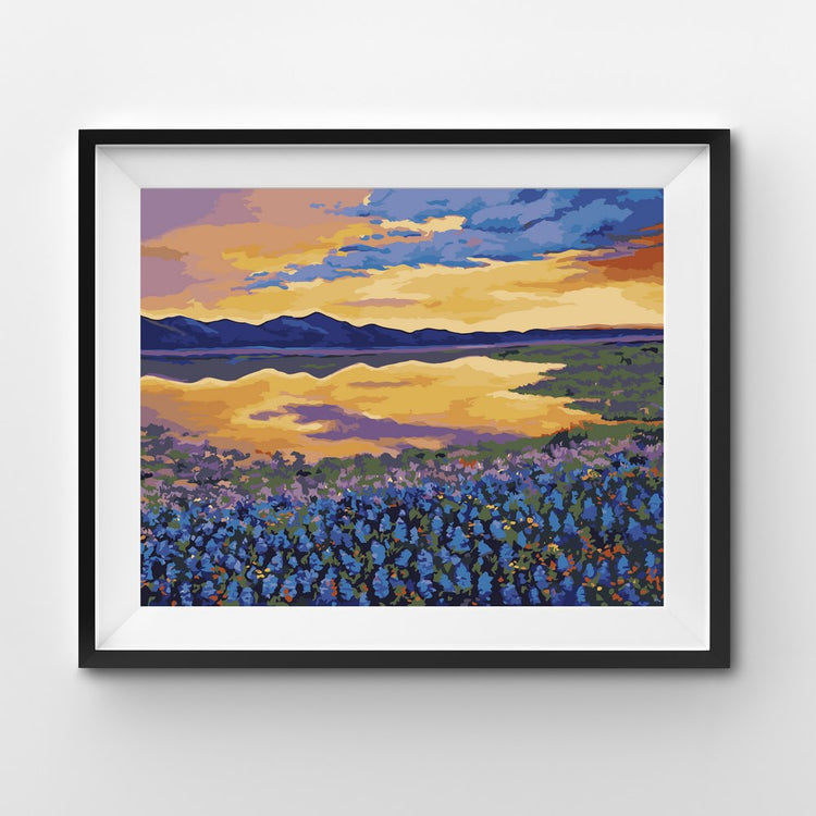 flowers lake mountain sunset painting by numbers